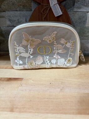 Christian Dior Embroidered Butterfly Floral Cosmetic Pouch - Beige